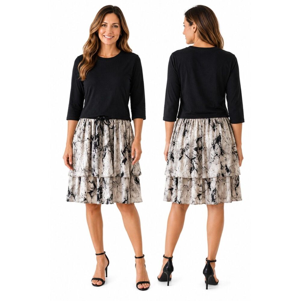 APPARALEL Layered Dress Size S ¾ Sleeves Black Top - Knee Length Cream Skirt